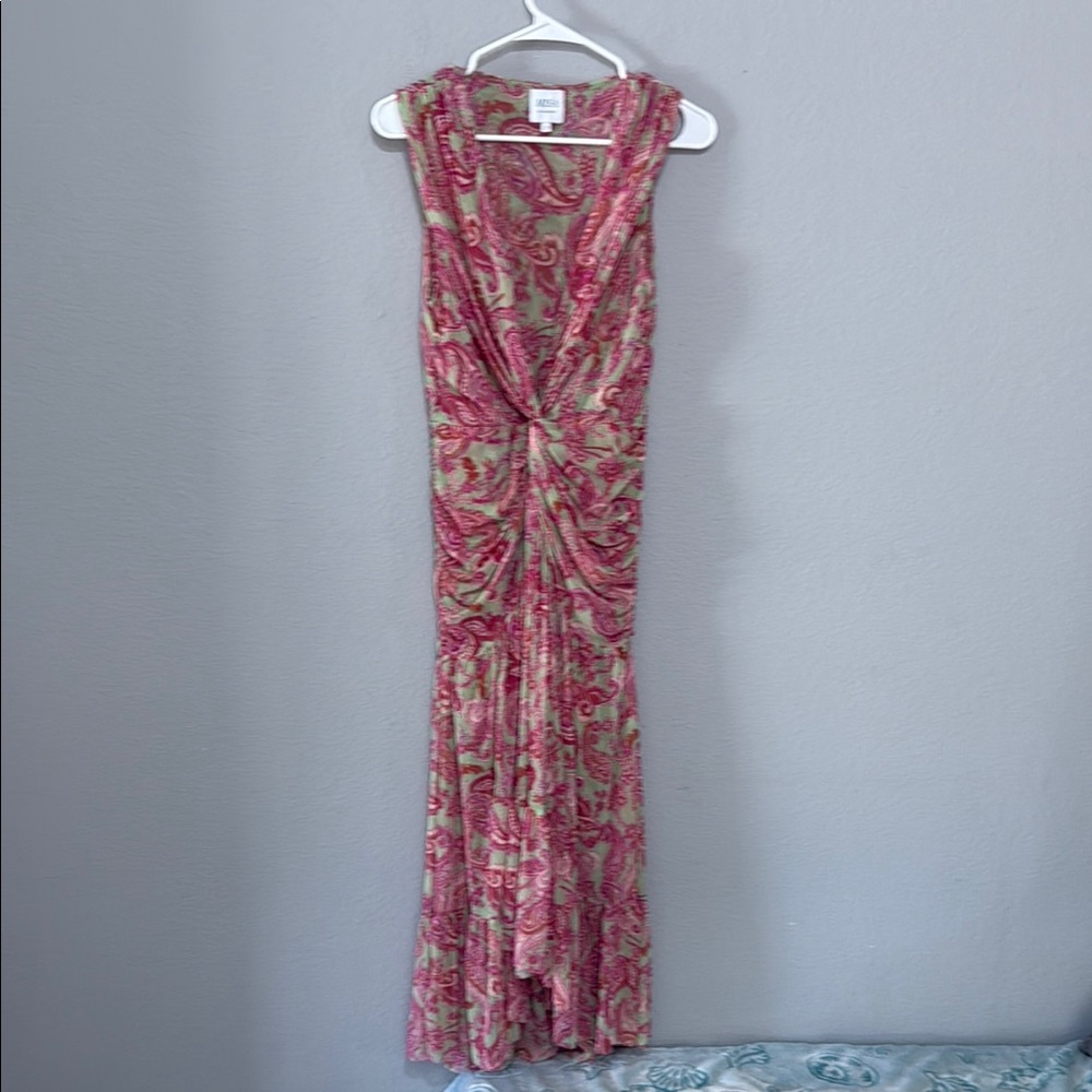 Misa Los Angeles Ava Floral Pink and green paisley gathered ruched stretch Dress - Picture 4 of 9